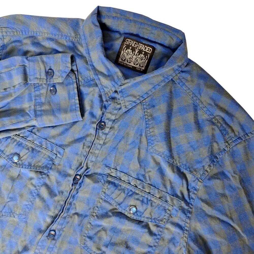 Straight Faded Mens Plaid Button Up Shirt Blue Gray Medium
